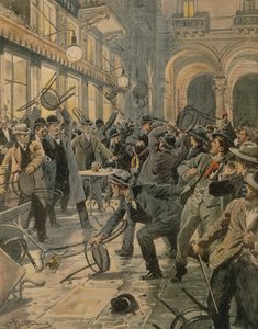 Sciopero generale dei lavoratori a Milano, disordini nella Galleria Vittorio Emanuele II, di Achille Beltrame, illustrazione, Illustratore Achille Beltrame, da La Domenica del Corriere da Achille Beltrame