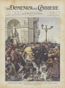 I sanguinosi tumulti di Trieste, la folla caricata dalla truppa davanti al palazzo del Lloyd Austriaco