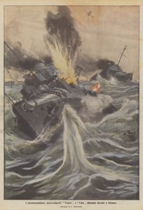 I cacciatorpediniere austro-ungarici Triglav e Lika affondati davanti a Durazzo da Achille Beltrame