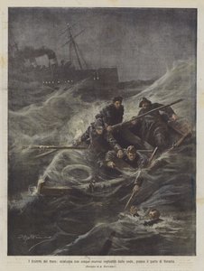 I drammi del mare, scialuppa con cinque marinai inghiottiti dalle onde presso il porto di Venezia da Achille Beltrame