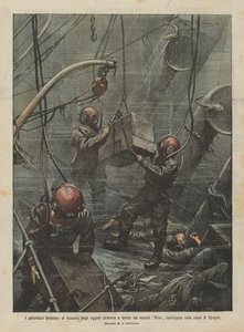 I palombari lavorano al recupero degli oggetti che erano a bordo del vapore Sirio naufragato sulle coste di Spagna