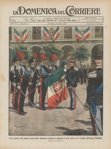 Il Re appende alla bandiera degli allievi carabinieri, a Roma, la medaglia al valor militare