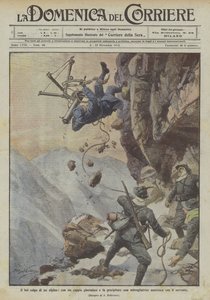 Il bel colpo di un alpino, con un cappio ghermisce e fa precipitare una mitragliatrice austriaca con il servente da Achille Beltrame