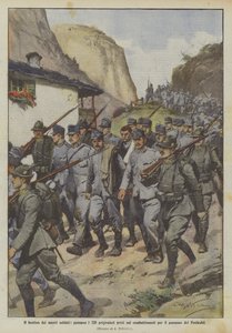 Il bottino dei nostri soldati, passano i 220 prigionieri presi nei combattimenti per il possesso del Freikofel da Achille Beltrame