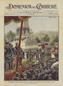 Il cinquantesimo anniversario della spedizione in Crimea, la sfilata dei reduci davanti al monumento a Torino da Achille Beltrame