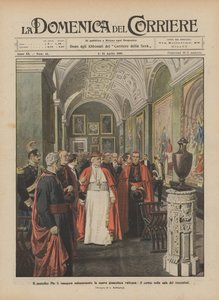 Il pontefice Pio X inaugura solennemente la nuova pinacoteca vaticana, il corteo nella sala dei trecentisti