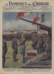 In una località del fronte orientale, il generale Messe consegna ai soldati del vecchio Corpo da Achille Beltrame