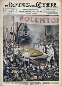Festa popolare italiana: polenta gigante (polentone) organizzata in una città vicino ad Asti in Veneto. Illustrazione di Achille Beltrame in 