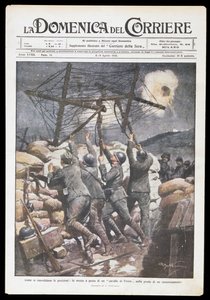 Soldati italiani che mettono cavallo frisone sulla trincea, tavola di Achille Beltrame per Domenica del Corriere, 2-9 aprile 1916, Prima Guerra Mondiale, Italia, XX secolo da Achille Beltrame