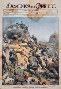 Truppe italiane avanzano sul suolo etiope, illustrazione da La Domenica del Corriere, 20 ottobre da Achille Beltrame