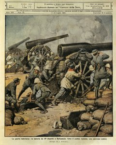 Guerra Italo-Turca, fuoco di batteria dal Cannone n. 149 che sconfigge una carovana nemica a Bu-Kamek verso il confine tunisino, illustratore Achille Beltrame, da La Domenica del Corriere, 7 luglio 1912 da Achille Beltrame