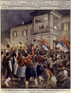 Re Nicola I del Montenegro davanti a una folla a Cettigne dopo la resa della città di Scutari, 4 maggio