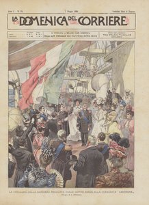 La consegna della bandiera regalata dalle donne sarde alla corazzata Sardegna da Achille Beltrame