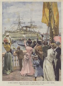 La folla plaudente assiste alla partenza da Venezia per la Cina della R Nave Vesuvio da Achille Beltrame
