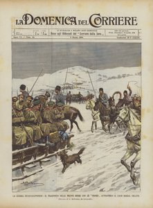 La guerra russo-giapponese, il trasporto delle truppe russe con le troike attraverso il lago Baikal gelato da Achille Beltrame