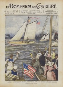 La partenza da Gloucester (Stati Uniti) del capitano Blackburn sovra un canotto a vela da Achille Beltrame