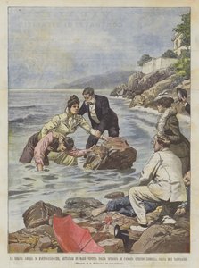 La regina Amelia di Portogallo che, gettatasi in mare vestita dalla spiaggia di Cascaes da Achille Beltrame