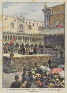 La ricostruzione del campanile di San Marco, a Venezia, la benedizione della prima pietra (25 aprile) da Achille Beltrame