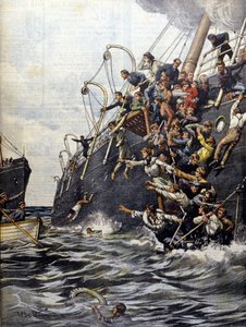 La catastrofe del Libano: i passeggeri si gettano in mare dopo la collisione con un altro piroscafo al largo di Marsiglia. Illustrazione di Beltrame. La Domenica del Corriere. 1903 da Achille Beltrame