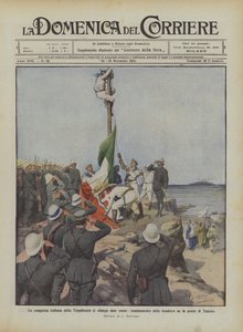 La conquista italiana della Tripolitania si allarga man mano, innalzamento della bandiera su la punta di Tagiura