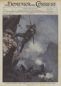 La drammatica avventura di un alpino, sospeso su di un burrone, si batte e mette in fuga un gruppo di austriaci da Achille Beltrame
