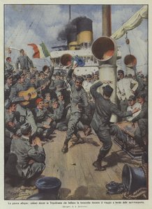 Soldati diretti in Tripolitania che ballano la tarantella durante il viaggio