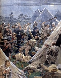 La guerra dei Boeri o guerra del Transvaal in Sudafrica tra inglesi e boeri: questi ultimi hanno attaccato un campo inglese a Tweenfontein. Illustrazione di Beltrame. La Domenica del Corriere. 1902. da Achille Beltrame