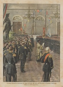 La solenne cerimonia del giuramento dei cadetti di marina nella gran sala del palazzo di Peterhoff a Pietroburgo da Achille Beltrame