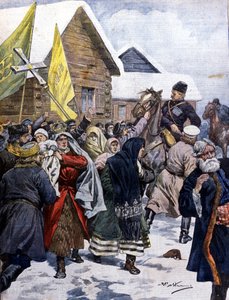 La superstizione in Russia: la polizia tenta di disperdere la setta dei nuovi cristiani. Illustrazione di Beltrame. La Domenica del Corriere. 1901 da Achille Beltrame