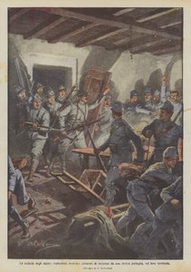 Le audacie degli alpini, esploratori austriaci catturati di sorpresa da una nostra pattuglia, sul loro territorio da Achille Beltrame