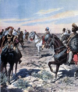 Il capitano Mozzetti nel campo del Ras Makonnen (Mekonnen Welde Mikael) in Etiopia. Illustrazione di Beltrame. La Domenica del Corriere. 1899 da Achille Beltrame
