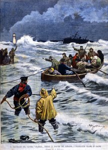 Il naufragio della nave a vapore Planier vicino alle bocche del Rodano: i soccorsi riportano i passeggeri. Illustrazione di Beltrame. La Domenica del Corriere. 1901. da Achille Beltrame
