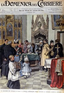 Il problema del divorzio in Italia: la popolazione firma le petizioni contro il divorzio nelle sacrestie. Illustrazione di Beltrame. La Domenica del Corriere. 9/02/1902 da Achille Beltrame