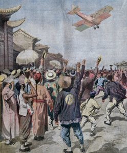 Tenente Arturo Ferrarin, partecipante al raid Roma-Tokyo, arrivando sopra il cielo di Shanghai, illustrazione di Achille Beltrame da La Domenica del Corriere, 16 maggio