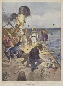 Lo scoppio di una torpedine trovata in mare, a bordo del rimorchiatore John Bull da Achille Beltrame
