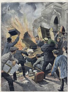 Crisi del vino nel Midi nel 1907: i viticoltori incendiano il municipio di Beziers (Herault). Illustrazione di Achille Beltrame del 1907 da Achille Beltrame