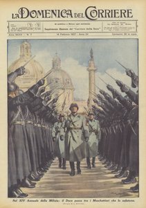 Nel XIV Annuale della Milizia, il Duce passa tra i Moschettieri che lo salutano da Achille Beltrame