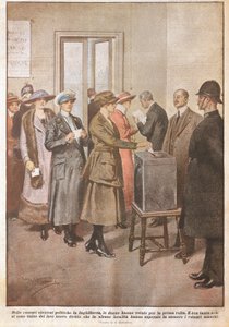 Elezioni politiche in Inghilterra: Le donne votano per la prima volta, di Achille Beltrame, da La Domenica del Corriere, XX secolo