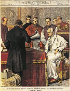 Papa Leone XIII legge la Benedizione nel grammofono, di Achille Beltrame, da La Domenica del Corriere, 29 marzo 1903 da Achille Beltrame