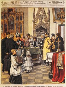 Petizione pubblica contro il divorzio in sacrestia, di Achille Beltrame, illustrazione, Illustratore Achille Beltrame (1871-1945), da La Domenica del Corriere, 9 febbraio 1902 da Achille Beltrame