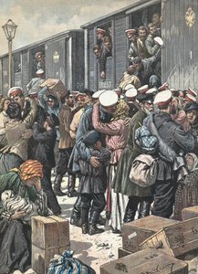 Russia. Partenza dei riservisti. Illustrato da Antonio Beltrame. La Domenica del Corriere. 9 ottobre da Achille Beltrame