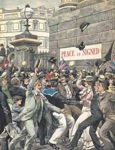 Seconda Guerra Boera. Annuncio della fine della guerra nelle strade di Londra. Illustrazione di Antonio Beltrame. “La Domenica del Corriere” da Achille Beltrame