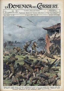 Seconda guerra sino-giapponese (1937-1945): scontri tra armi giapponesi e cinesi vicino a Pechino, i giapponesi sterminano rapidamente un intero battaglione cinese. Illustrazione di Achille Beltrame in "La domenica del corriere" del 08/08/1937 da Achille Beltrame