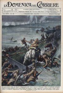 Seconda guerra sino-giapponese (1937-1945): scontri nelle risaie vicino a Shanghai. Illustrazione di Achille Beltrame in "La domenica del corriere" del 07/11/1937 da Achille Beltrame
