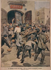 Gravi carenze di lavoro in Puglia, Forni assaliti dai disoccupati di Cerignola, di Achille Beltrame, illustrazione, Illustratore Achille Beltrame (1871-1945), da La Domenica del Corriere, 20 dicembre 1908