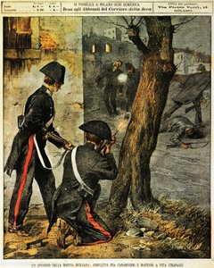 Evento della mafia siciliana, scontri tra carabinieri e mafiosi a Trapani, di Achille Beltrame, illustrazione, da La Domenica del Corriere, 31 dicembre 1899 da Achille Beltrame