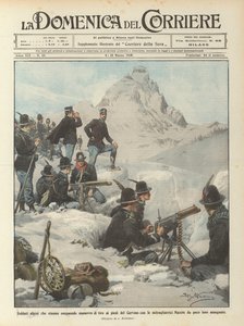 Soldati alpini che stanno eseguendo manovre di tiro ai piedi del Cervino con le mitragliatrici