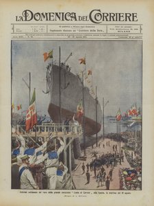 Solenne cerimonia del varo della grande corazzata Conte di Cavour alla Spezia, la mattina del 10 agosto da Achille Beltrame
