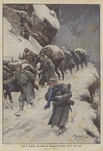Sotto la tormenta, una colonna di rifornimenti in viaggio verso le prime linee da Achille Beltrame
