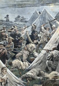 Sudafrica. Seconda Guerra Boera. Attacco al campo inglese di Tweefontein (1902). Illustrazione di Achille Beltrame. Incisione. da Achille Beltrame